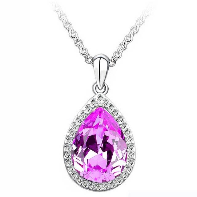 Simulated Diamond Large Statement Pink Teardrop Pendant Necklace in Silver