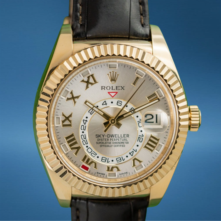 Rolex Sky-Dweller 326138 Yellow Gold Silver Dial Leather Strap 2014 BxP COA