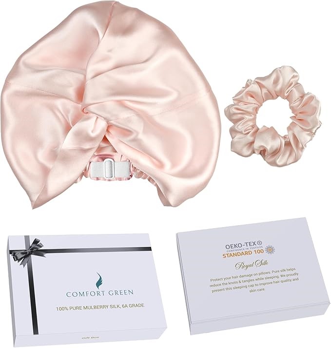 [3 Pc Gift Set] 100% Pure Mulberry Silk Bonnet for Sleeping, Adjustable Dou