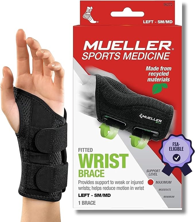 MUELLER Green Fitted Wrist Brace for Left Hand, Black, Small/Medium.