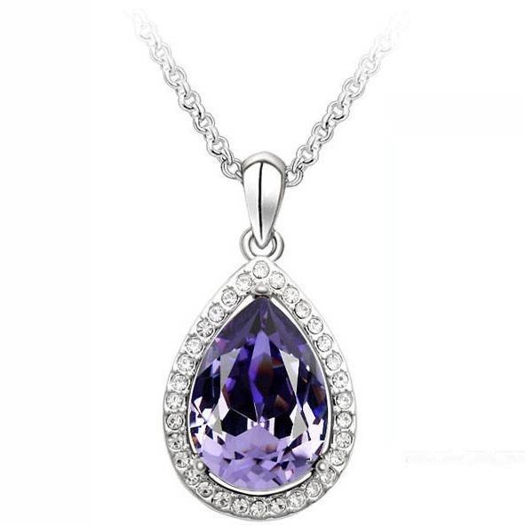 Designer Simulated Diamond Large Purple Teardrop Pendant Necklace in Silver