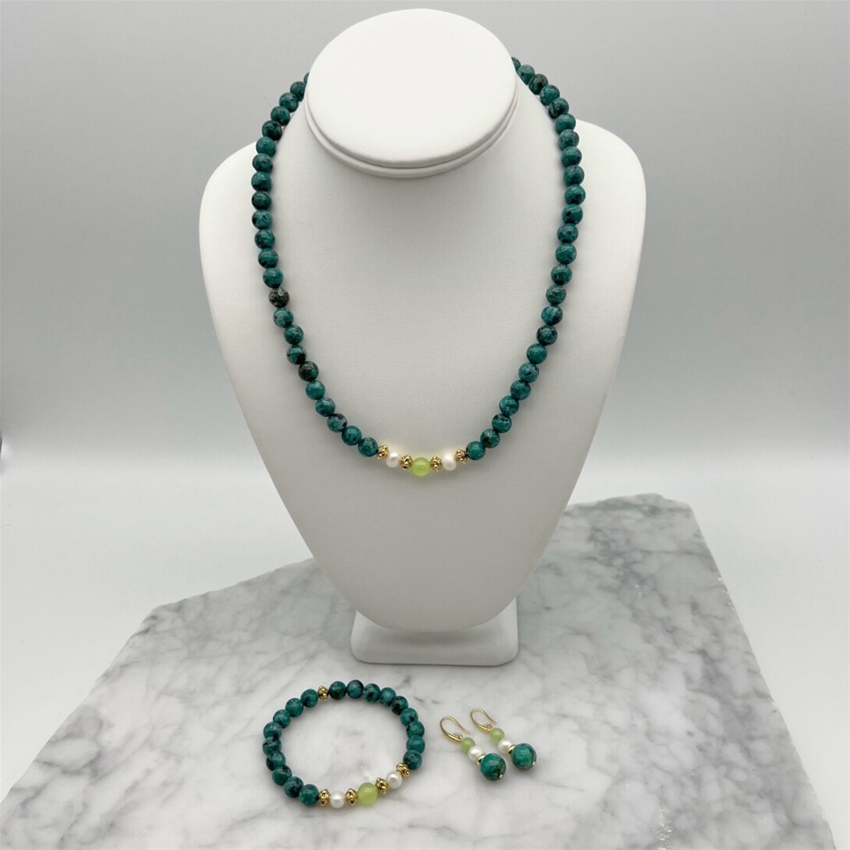 Afican Jasper 'Turquoise', Flower Jade, Freshwater Pearls Jewellery Set