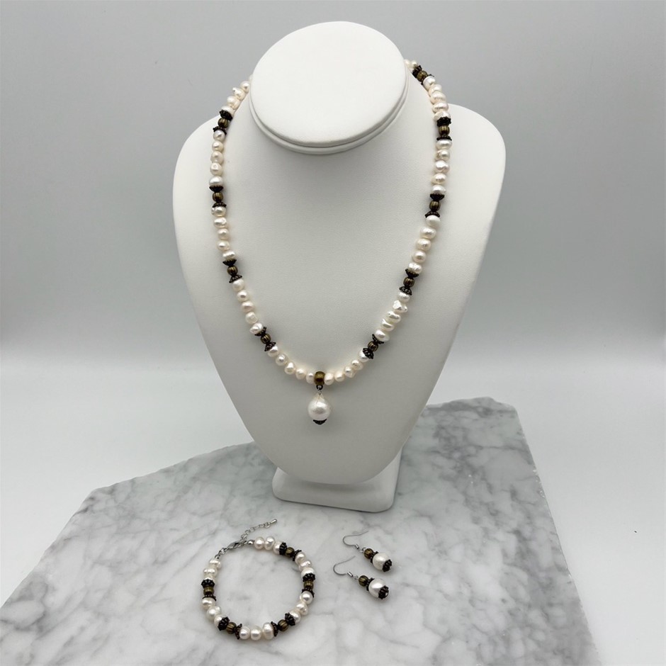 Elegant White Mixed Shape Freshwater Pearls & Baroque Jewellery Set