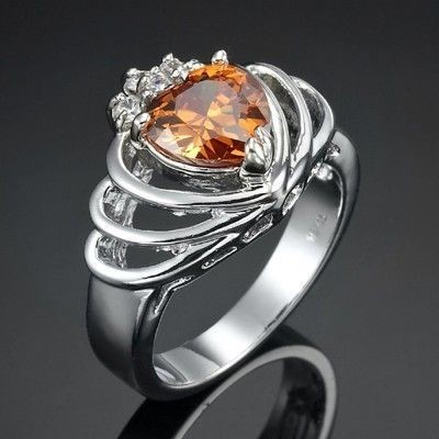 Stunning Rhodium Plated Champagne Crown Heart Ring - US Size 7