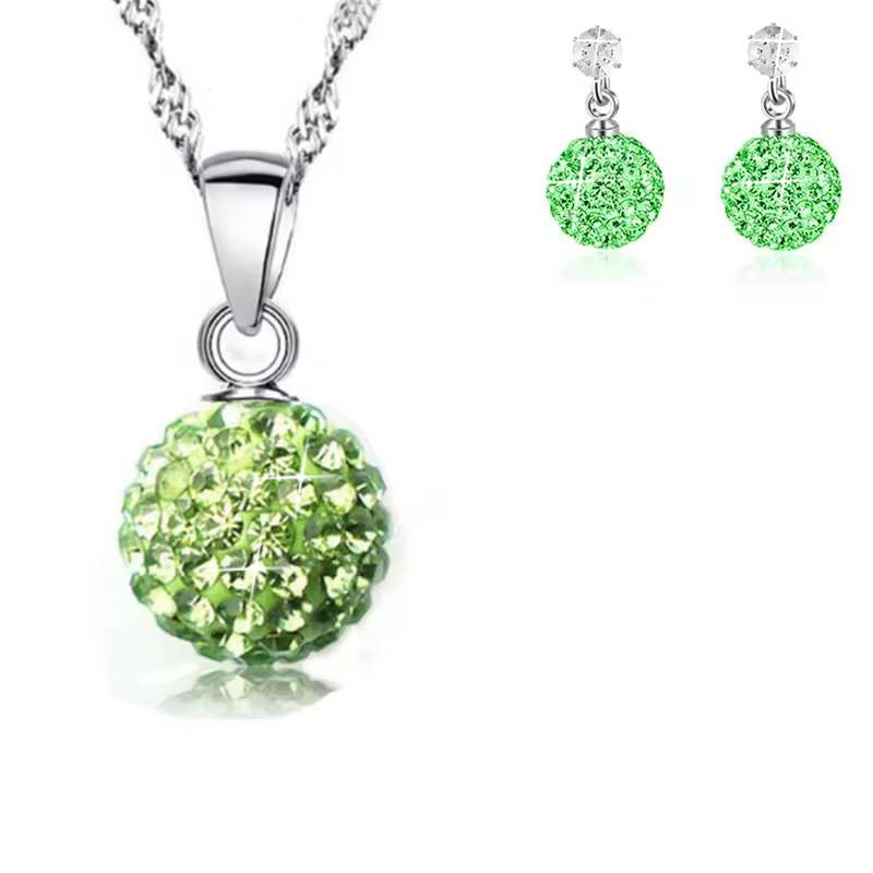 925 Sterling Silver Green Crystal Disco Ball Earring & Necklace Set