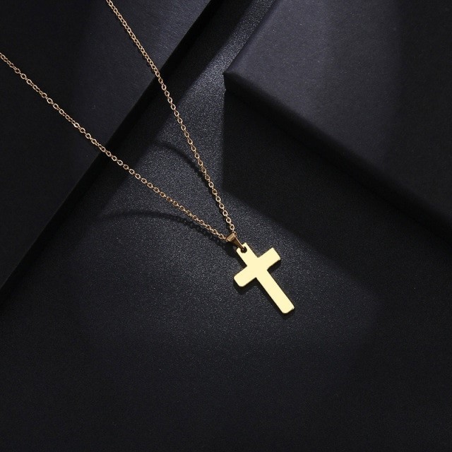 Stainless Steel Cross Necklace & Earring Set in Gold