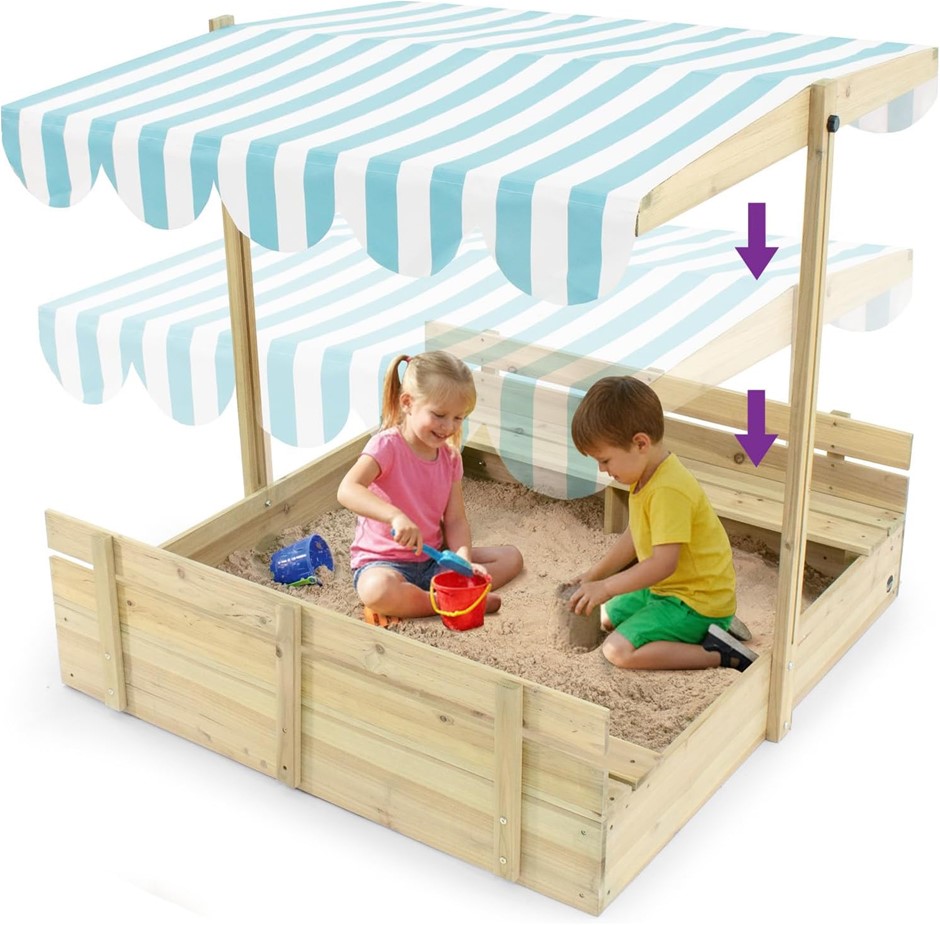 PLUM Wooden Sandpit with Canopy, Natural. NB: Sand NOT included.