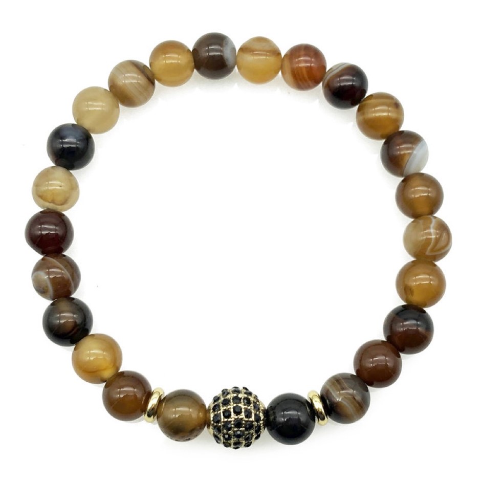Men's 8mm Brown Stripey Agate & Golden Rhinestone Beaded Gemstone Bracelet