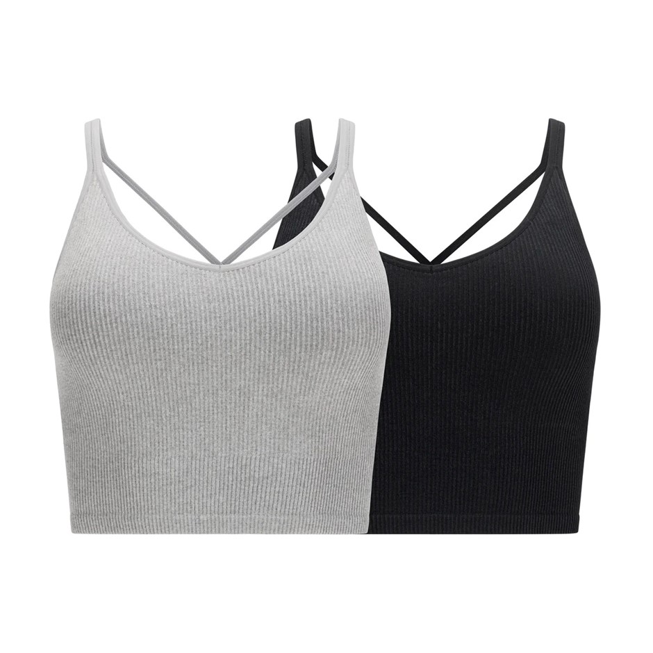 2-Pack LEMON Women's Ribbed Yoga/Sports Bra, Size M, Black/Grey.