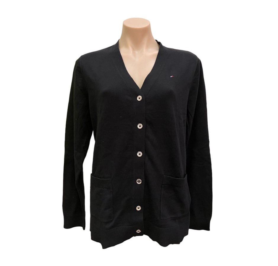 TOMMY HILFIGER Women's Cardigan, Size XS, 100% Cotton, Black (001), J33XA21