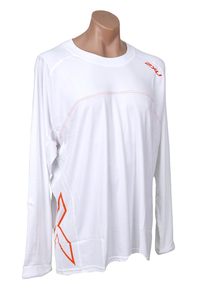 2XU Men's Long Sleeve Fibretech T-Shirt, Size 2XL, White/ Orange. Buyers N