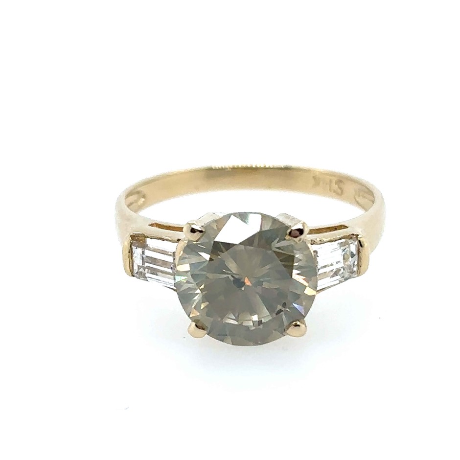 P1/greenish brownish yellow & 0.46ct 2 Stones Baguette G/VS Ring 14K Gold