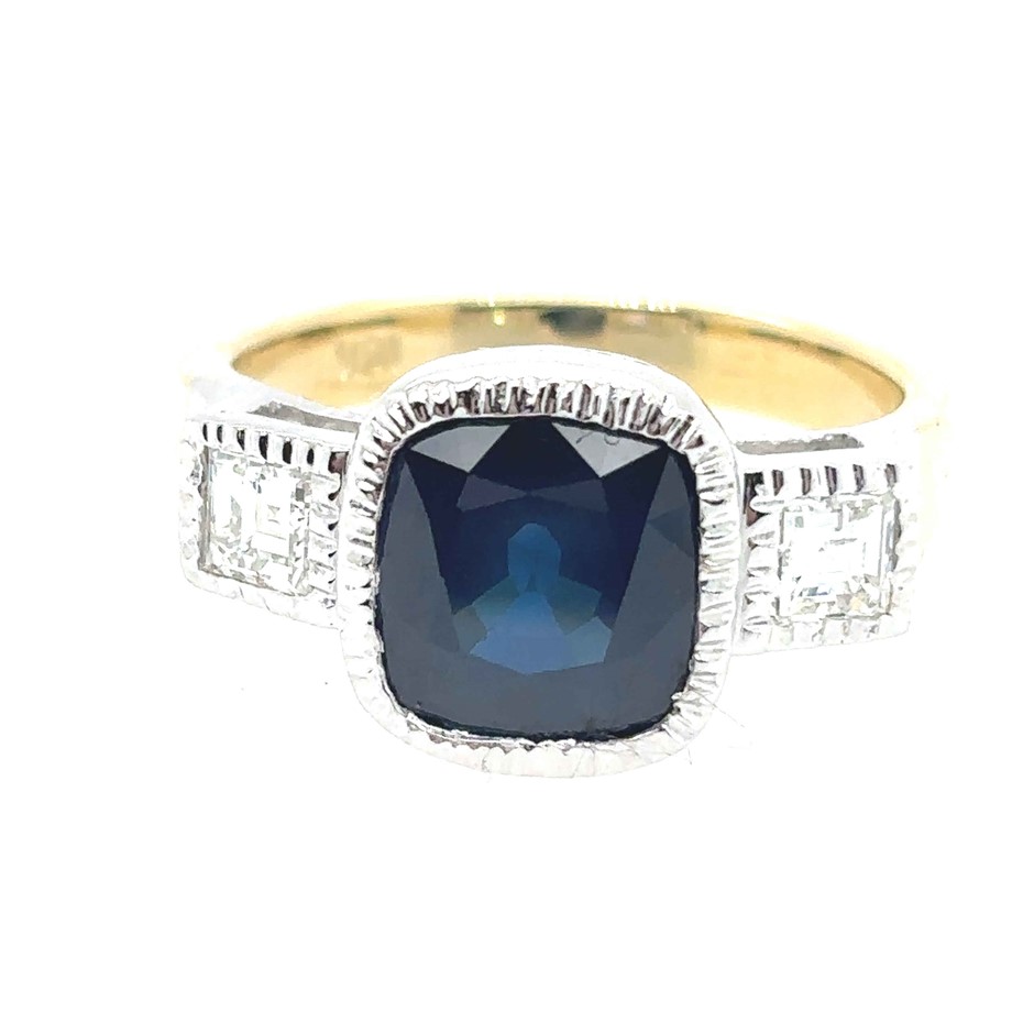 3.12ct cushion Blue Sapphire AIG Cert. & 0.60ct 2 G/VS Ring 18K 2 Tone Gold