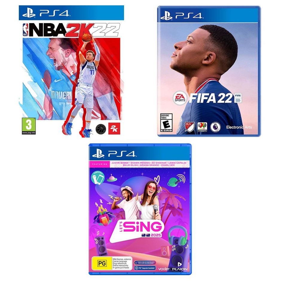3 x Assorted PS4 Games. 1 x FIFA 22, 1 x NBA 2K22, 1 x Let's Sing 2025.