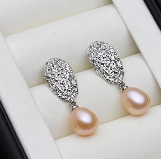 Designer Pink Floral Freshwater Pearl Drop Dangle Earrings in Silver