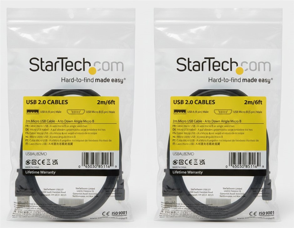 2 x StarTech.com 2m Micro USB Cable Cord, Black (USBAUB2MD)