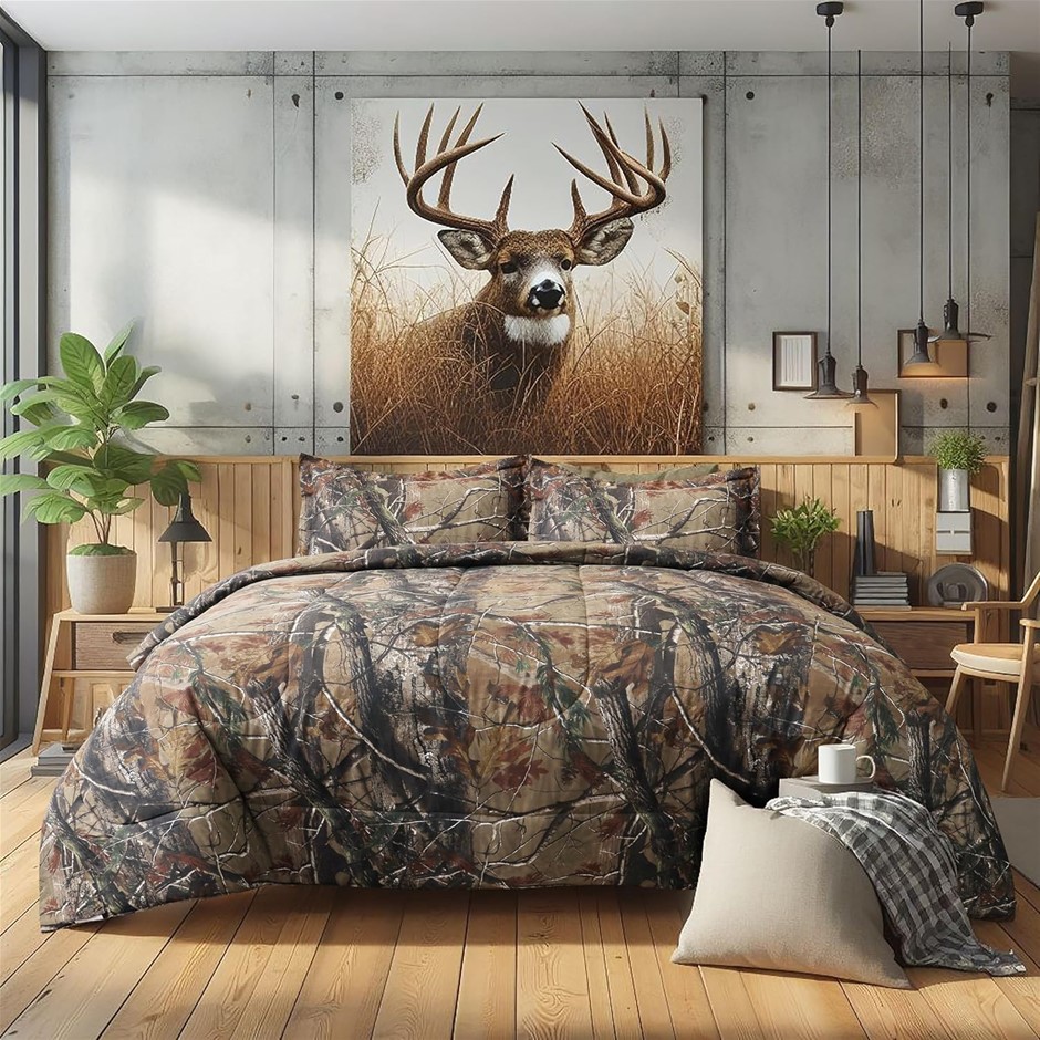 Realtree All Purpose Camo Full Comforter Set 3 Piece Polycotton Rustic Farm