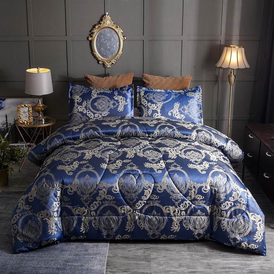 KING Silk All-Season Comforter Set – Royal Blue Jacquard Quilt, Soft Microf