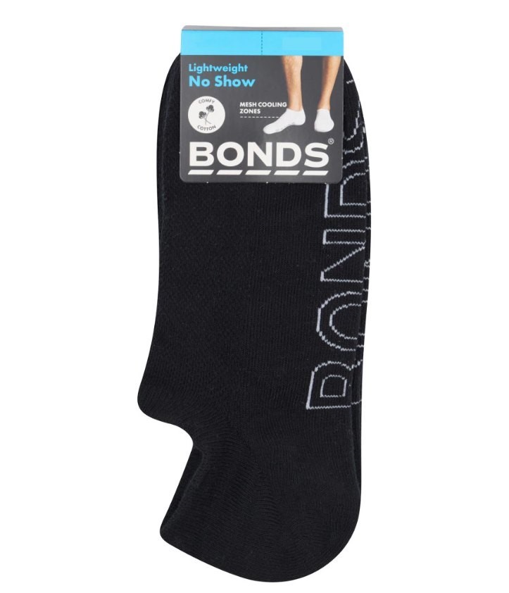 BONDS 3 Pairs Mens Logo Lightweight No Show Socks, Black, Size 11-14/ Large