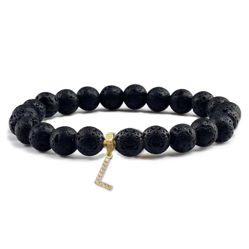 Unisex Black Volcanic Lava Rock Beaded Crystal Initial "L" Bracelet -Yellow