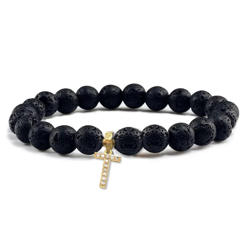 Unisex Black Volcanic Lava Rock Beaded Crystal Initial "T" Bracelet -Yellow