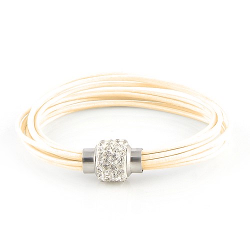 Cream Leather Look Multi Strand Bracelet with Simulated Diamonds - crystal
