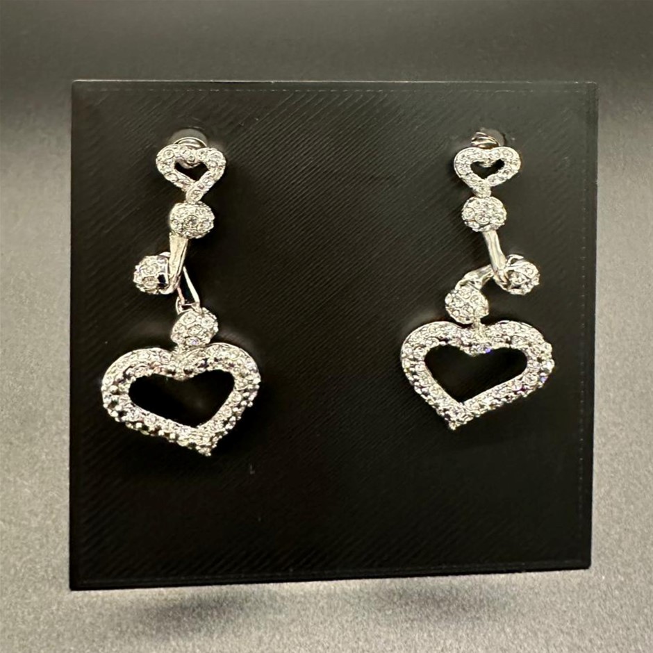 Designer Simulated Diamond Dangle Love Heart Earrings in Silver