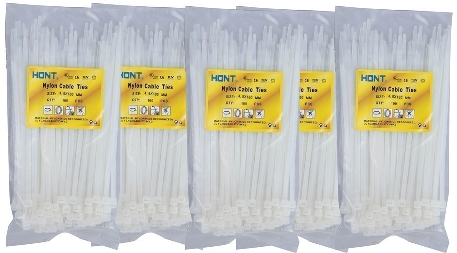 5 Packs Of Cable Ties Each 100pcs, Size 4.8 x 180mm, White.