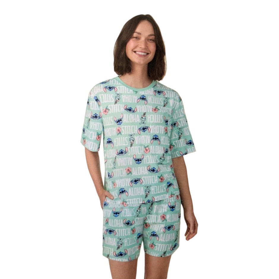 DISNEY Women's Character PJ Set, Size L, Stitch/Green.