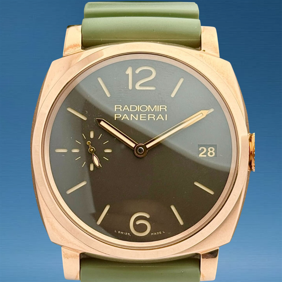 Panerai Radiomir 1940 18k Rose Gold Green Rubber Strap 2017 47mm BxP COA