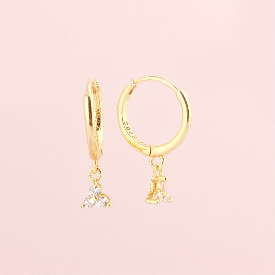 Dainty Dangle Hoop 925 Sterling Silver Earrings w/ Zircon- 18K Gold Plated