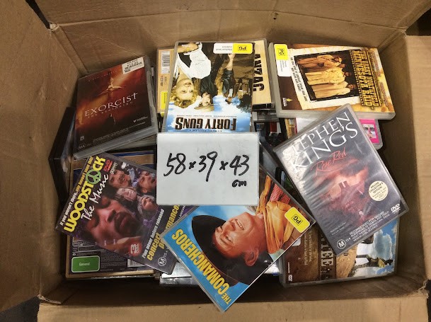 Mix Type DVDs/CDs with box dimensions are 58x39x43 cm