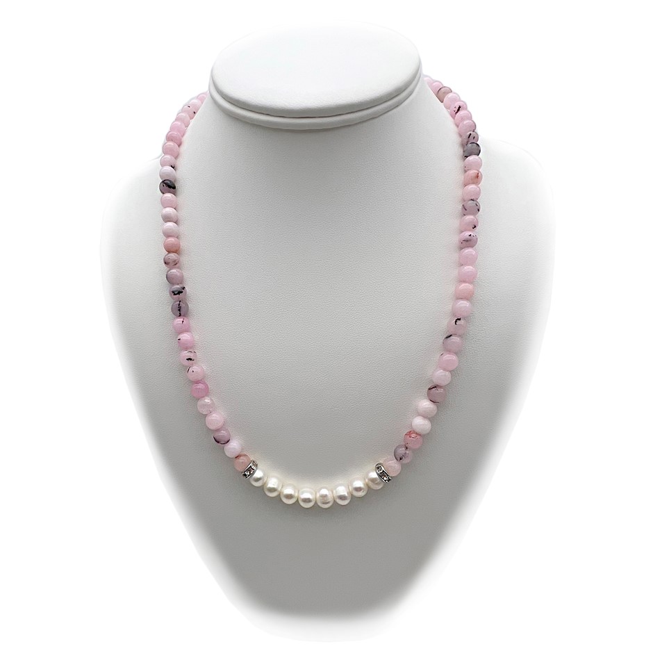 7-8mm Pearl & Cherry Blossom Jasper with Real Platinum Plated Necklace