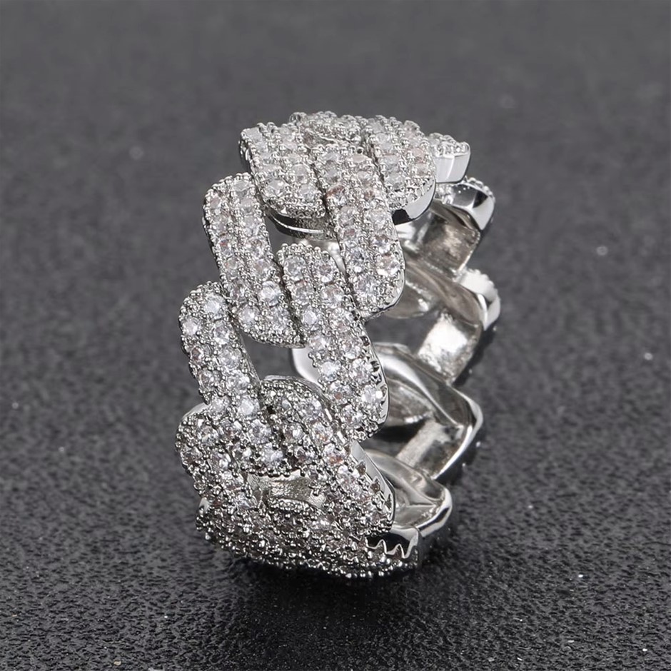 18K White Gold-Filled Cuban Iced Out Ring with Simulated Diamonds - Size 10