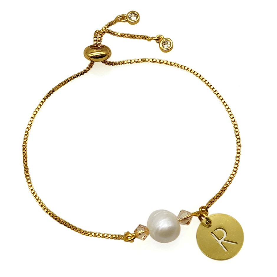 8-9mm Pearl & Swarovski Crystal & Initial Letter 'R' Charm Bracelet