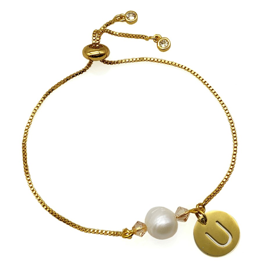 8-9mm Pearl & Swarovski Crystal & Initial Letter 'U' Charm Bracelet