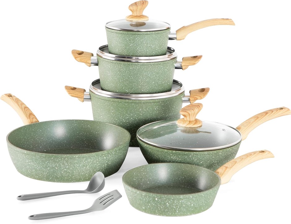 KITCHEN ACADEMY Induction Cookware Sets - 12 Piece Green Cooking Pan Set, G