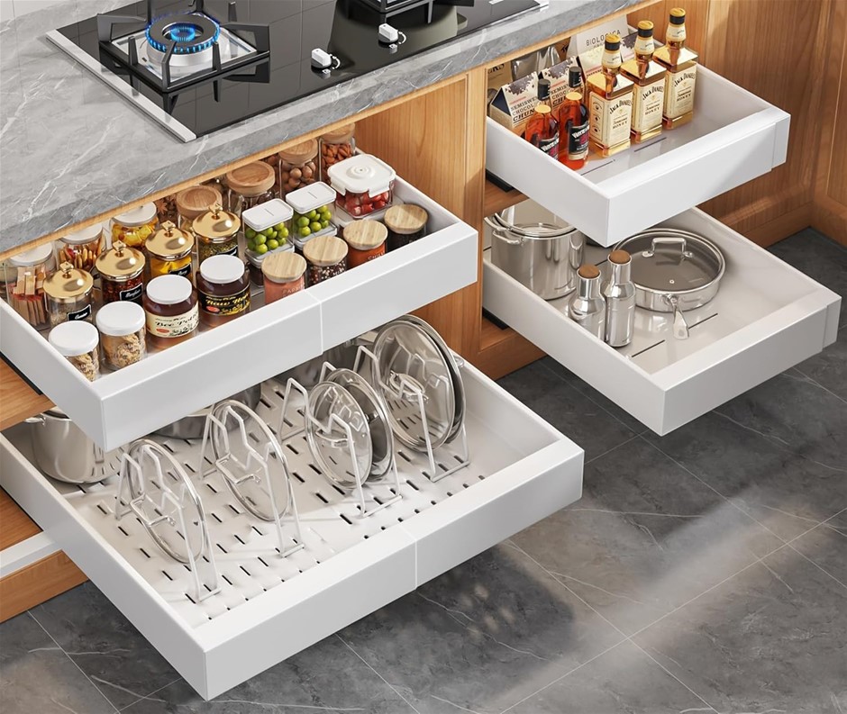 SEINLOES 4 Pack Expandable Pull Out Cabinet Organizer, 21"Deep with Raising