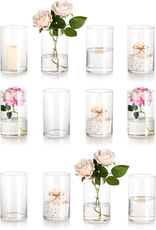 HEWORY Glass Cylinder Vases Set of 12 - Tall Round Clear Glass Holders (Doe