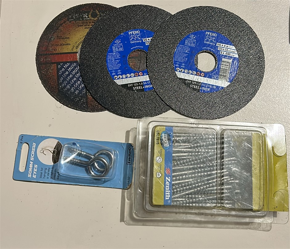 1x 2 pcs 50mm Screw Eyes, 1x ZENITH Galvanised Screws, 3x Cut-Off Wheels