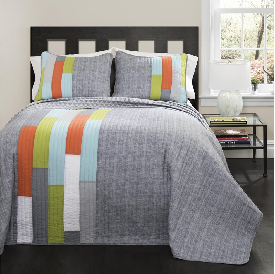 (Full/Queen, Orange) - Lush Decor 3 Piece Shelly Stripe Quilt Set, Full/Que