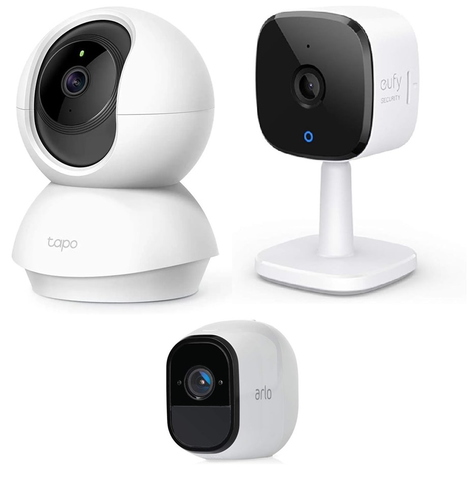 3 x Assorted Home Security Cameras. 1 x TP-LINK Tapo C200 Smart Cam Pan Til