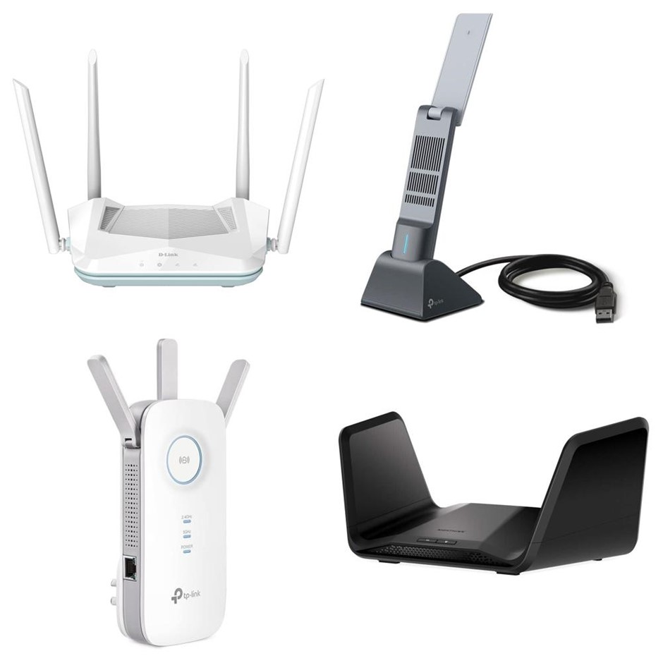 4 x Assorted Routers. 1 x D-LINK Eagle PRO AI AX1500 Smart Router. 1 x TP-L