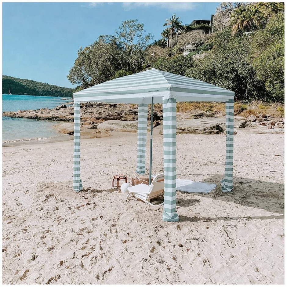 COCONUT GROVE Family Beach Cabana, 2m Wide, Sage Stripes. NB: minor use
