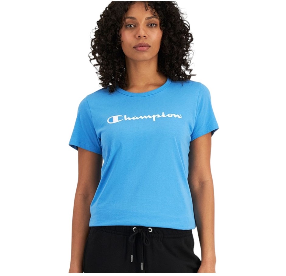 CHAMPION Women's Script S/S Tee, Size S, Cotton, Go Bang Blue (LAR), CR33G.