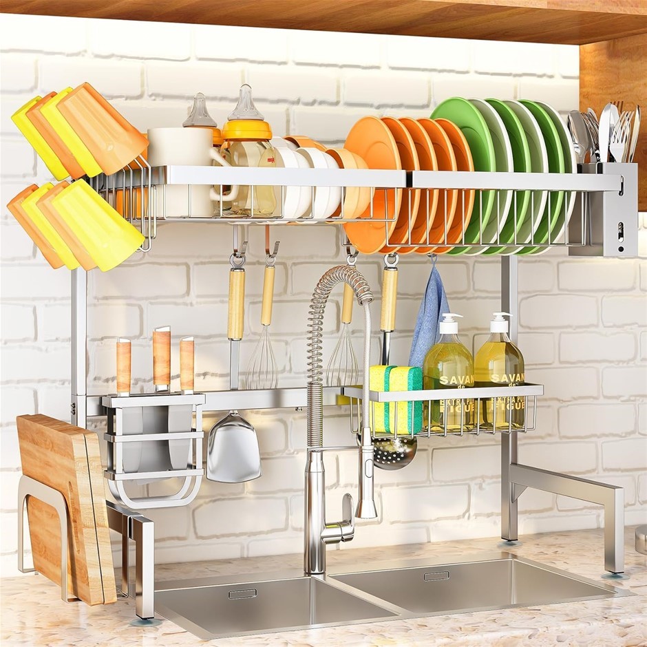 Over The Sink Dish Drying Rack, Full Stainless Steel 2-Tier Kitchen Counter