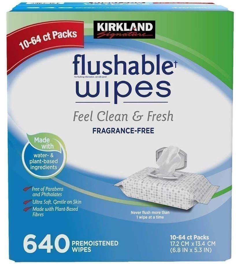 SIGNATURE Box of 640pc Flushable Wipes (10 x 64ct). NB: Damaged packaging.