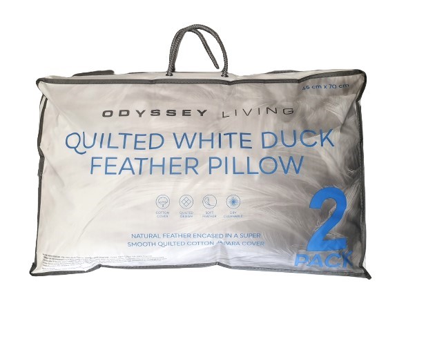 ODYSSEY LIVING 2pk Quilted White Duck Feather Pillow, 45 x 70cm.