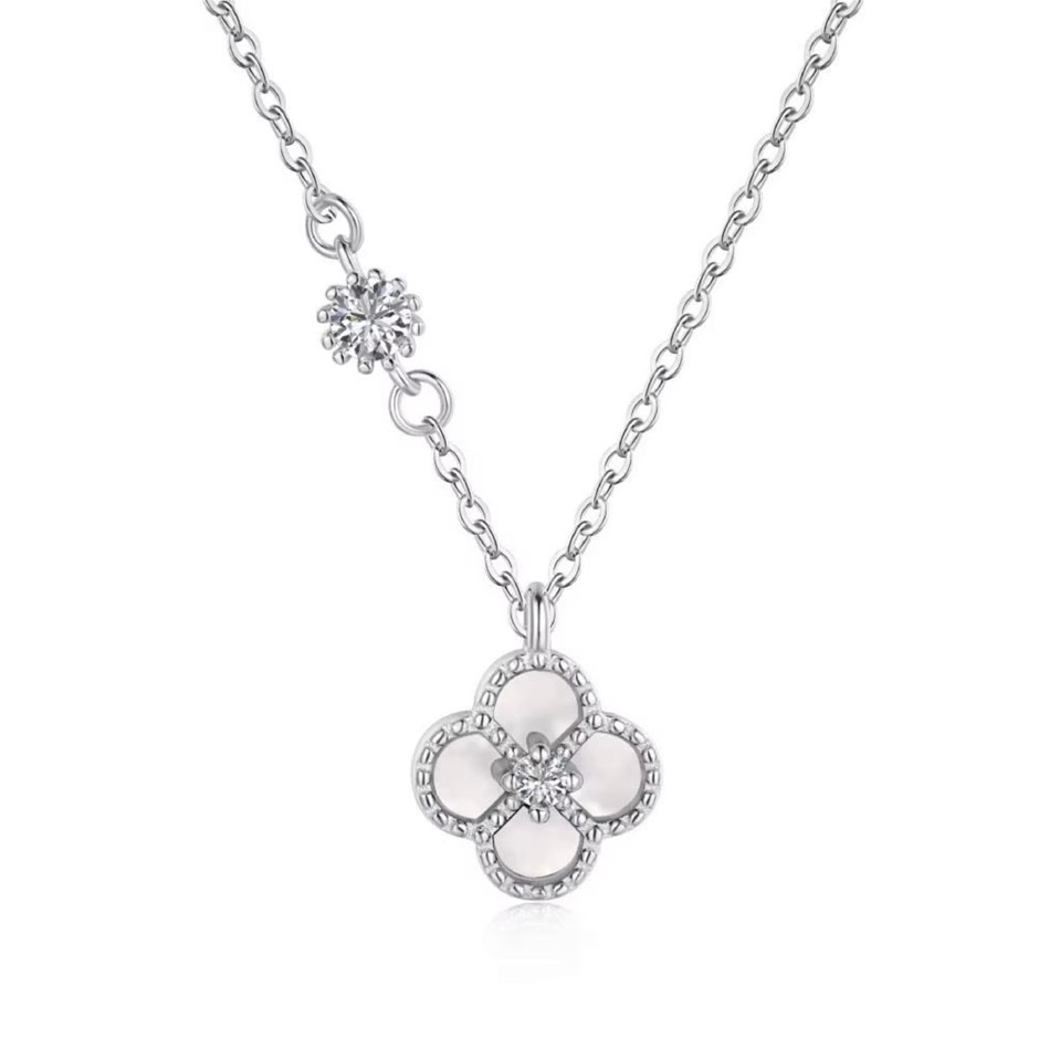 0.13ct GRA Certified Moissanite & White Shell Clover Pendant Necklace