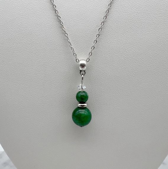 Green Agate & Swarovski® Austrian Crystal Platinum Plated Pendant Necklace